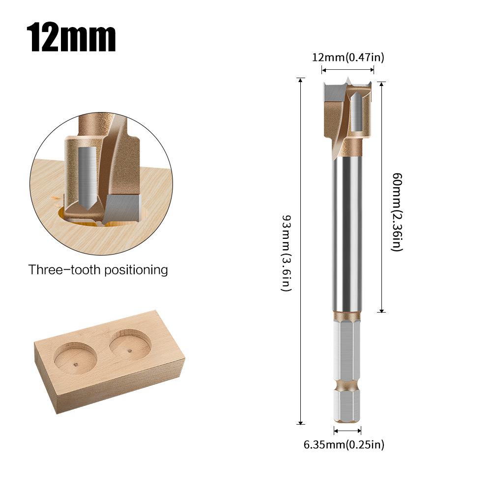 10mm to 50mm Professional Hexagonal Shank Woodworking Hinge Boring Bit Tungsten Carbide Blade Three-Tooth Double Blade Design