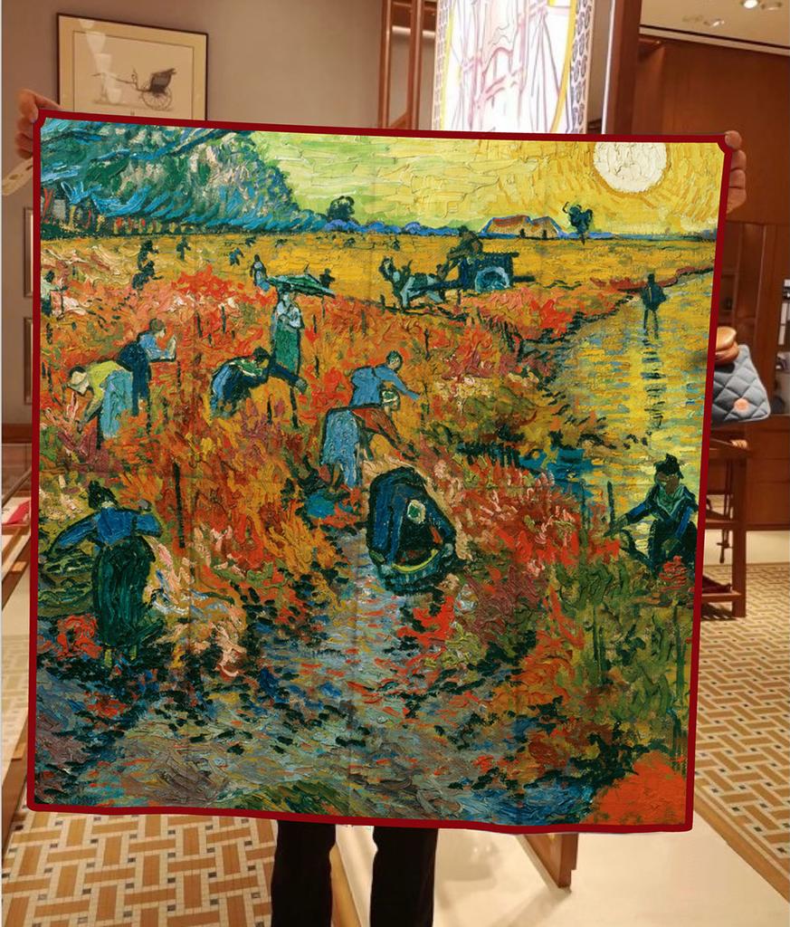 New Silk Scarf Women Wineyard Print Square Scarves Head Echarpe Silk Foulards Femme Wraps Beach Shawls Bandana Lady Hijabs 90CM