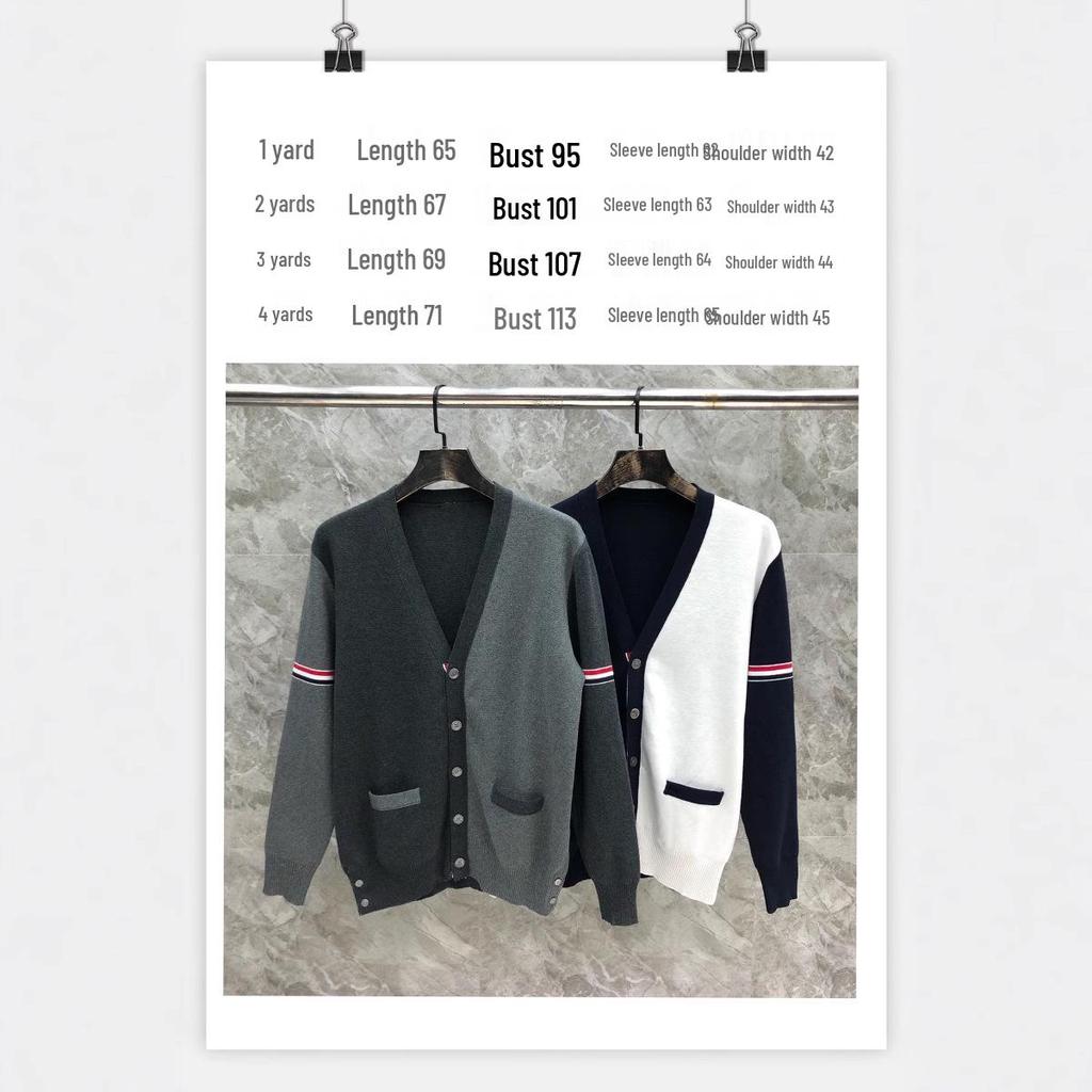 Autumn/Winter Unisex Double Sleeve Cotton Cardigan – Red, White & Blue Color Block with Five Buttons