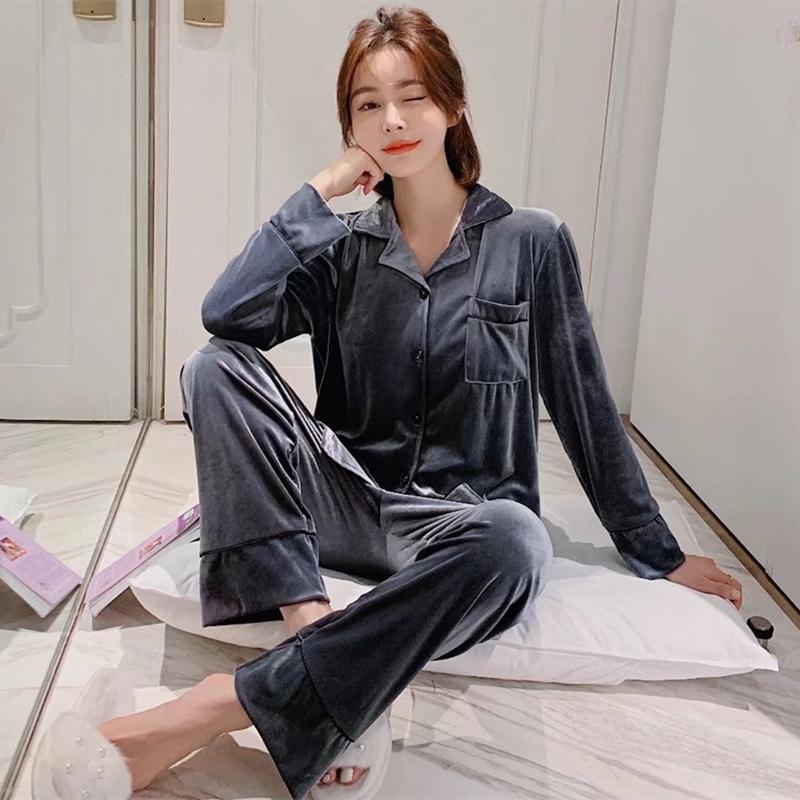 Осенне-зимний теплый пижамный комплект, женская одежда для сна, золотая бархатная домашняя одежда, однотонный пижамный костюм для сестер, женский плотный спортивный костюм