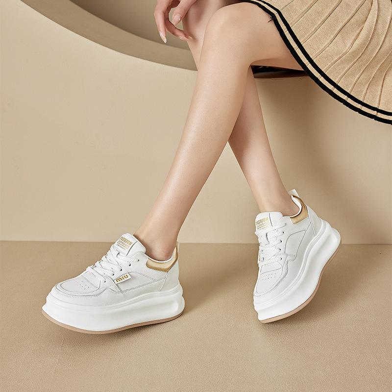 Thick-Soled Leather White Shoes Women's New Spring Versatile Single-Layer Shoes Platform Sneakers Height Increasing Insole Casual Sneakers