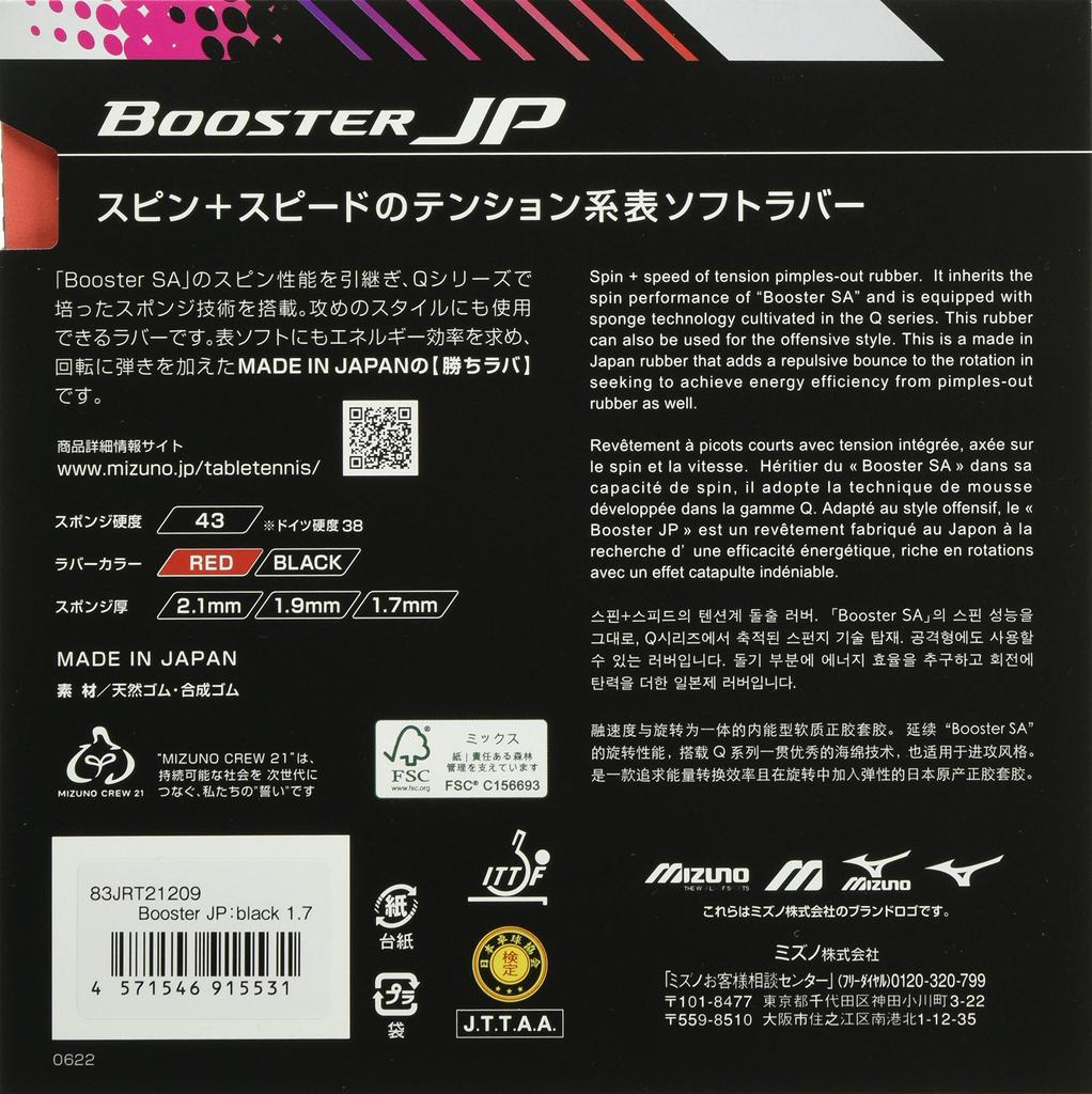 Mizuno Бустер для накладок для настольного тенниса JP 83JRT212 Черный Средний 09