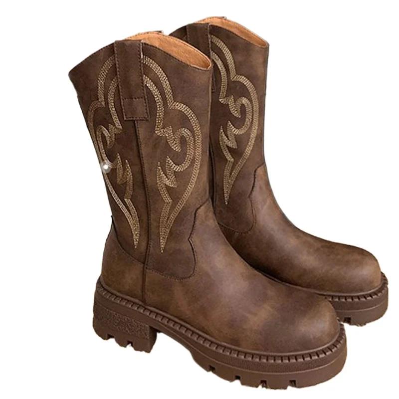 Fashion 2024 New Plus Plush Leather Western Mid Calf Boots Embroider Women Autumn Winter Ankle Boots Ladies Boots