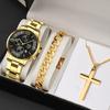 3pcs/set 1pc Men's Fashion Casual Stainless Steel Quartz Watch & 1pc Bracelet & 1pc Necklace, Men's Gifts