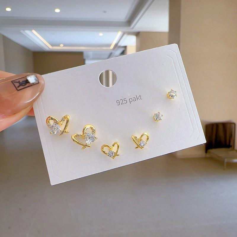 Minimalist Stud Earrings Set 3 Pairs Gold Tone CZ Geometric Floral Design Women Daily Wear