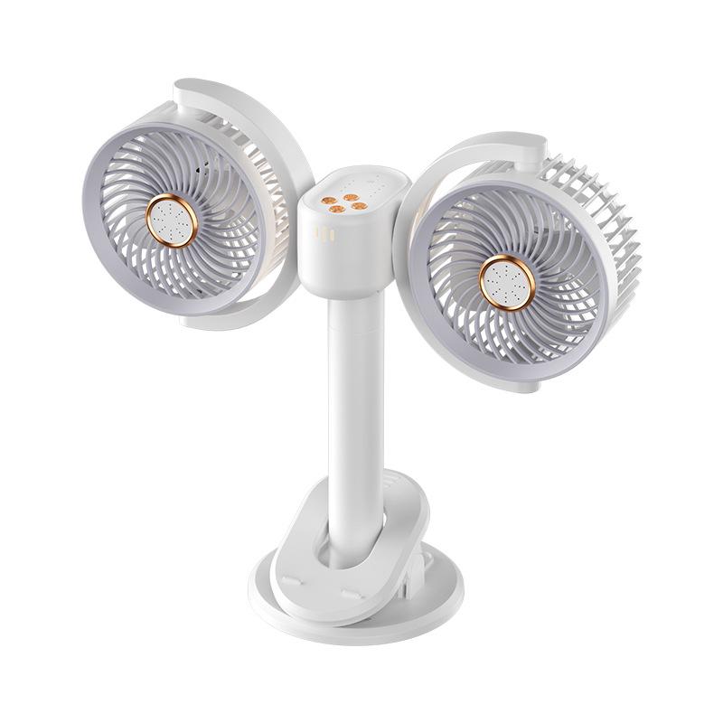 Dual-Head Desktop USB Fan with Light & Timer, Clip & Wall-Mount Options