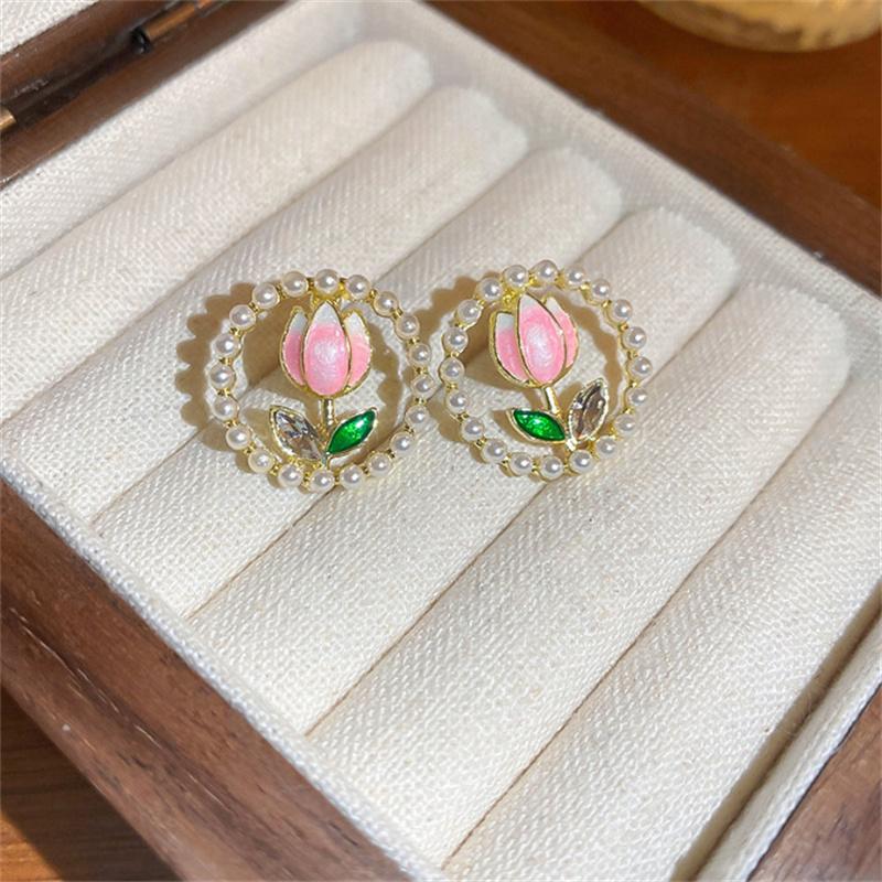 Романтичные серьги-гвоздики с жемчужными цветами для женщин, корейские эмалевые сладкие цветы тюльпана, изысканные серьги, украшения для вечеринок