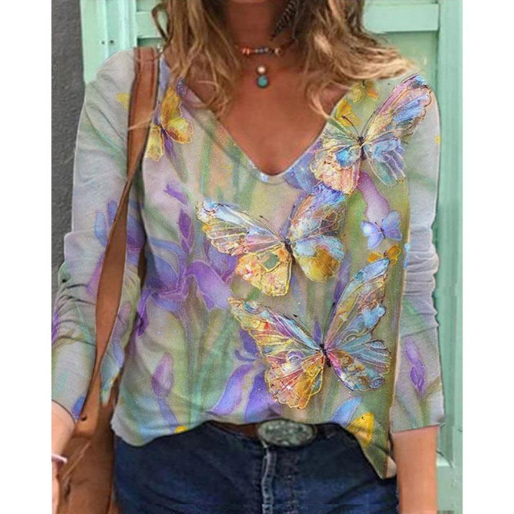 Футболка с длинными рукавами и V-образным вырезом, выполненная с цифровой печатью, для женщин, красивая и очаровательная, становится лидером в индустрии моды.