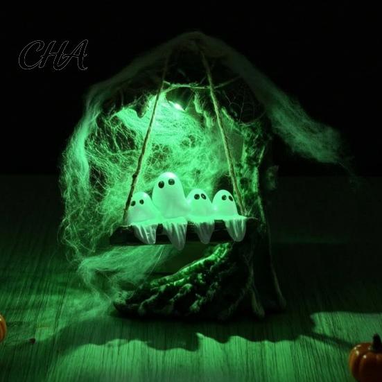 Seasonal Keepsake for Home Decor Halloween Ghosts on A Tree Swing Statue, Spooky Light Up Swinging Ghost Cute Figurine Party with Spider Web