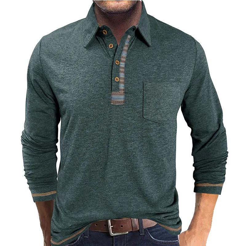Мужские рубашки-поло в стиле business casual для весны и осени, с длинным рукавом, пэчворк, воротник на пуговицах, модные топы с нижним карманом