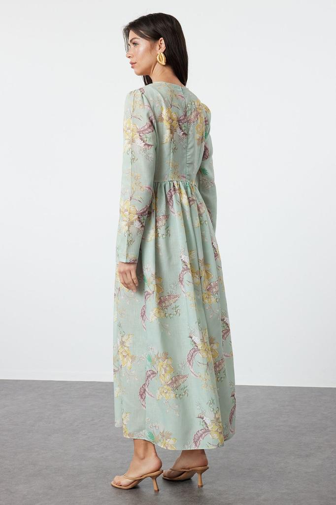 Women's Style Hijab Dress Mint Floral Linen Look Woven Dress