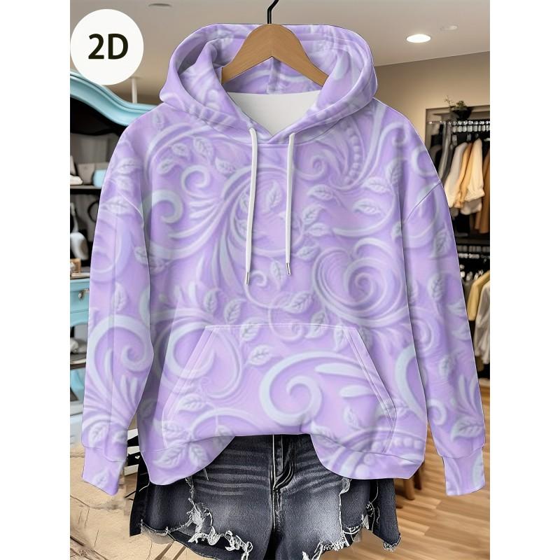 Womens Relaxed Fit Hooded Long Sleeve Sweatshirt With 3D Floral Plaid Print Breathable Comfort Casual Top