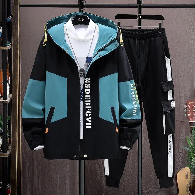Мужские осенние повседневные комплекты из двух предметов: куртка с капюшоном + брюки, весенняя мода, корейская бейсбольная форма, мужской костюм