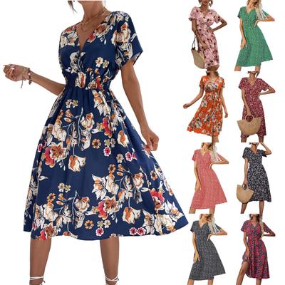 Женские платья Повседневные платья с коротким рукавом и V-образным вырезом с мелким цветочным принтом
