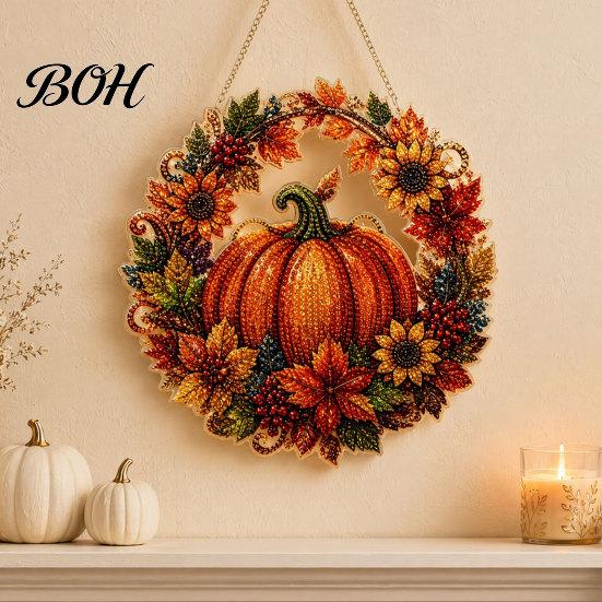 Seasonal Home Decor Fall Pumpkin Sunflower Wreath Hanging Decor, Acrylic Hand Painted Decorative Holiday Accent Window Ornament, Thanksgiving