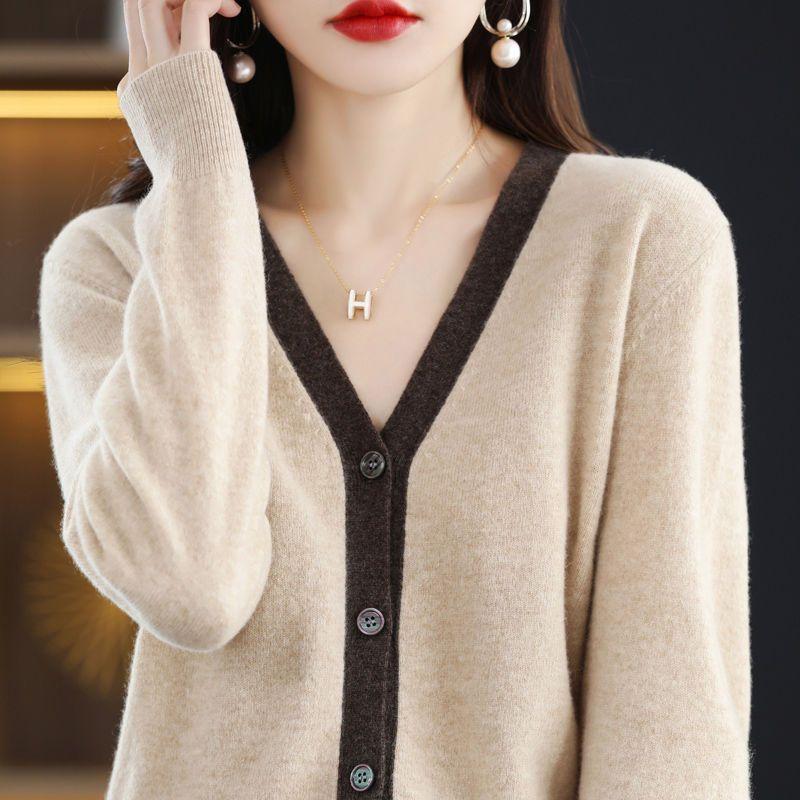 Кардиган-свитер, осенне-зимний женский контрастный вязаный кардиган, свободная вязаная рубашка с v-образным вырезом в западном стиле, свитер с длинными рукавами