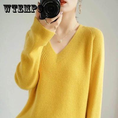 Свободный свитер, женская рубашка с v-образным вырезом, однотонный тонкий вязаный свитер, повседневный удобный мягкий универсальный свитер