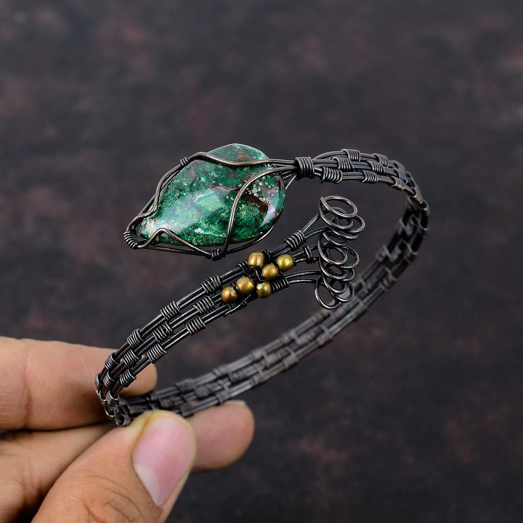 Куприт хризоколла драгоценный камень браслет манжета обернутый медной проволокой регулируемый браслет ручной работы обернутый медной проволокой ювелирный браслет для подарка