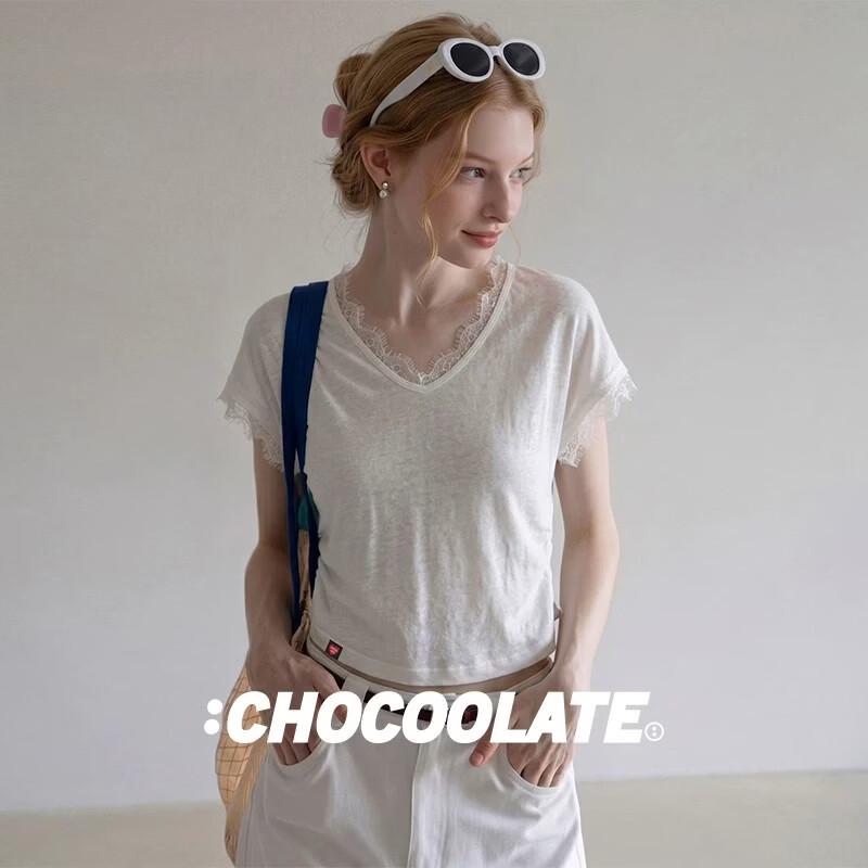 Женская кружевная футболка CHOCOOLATEir с V-образным вырезом и короткими рукавами