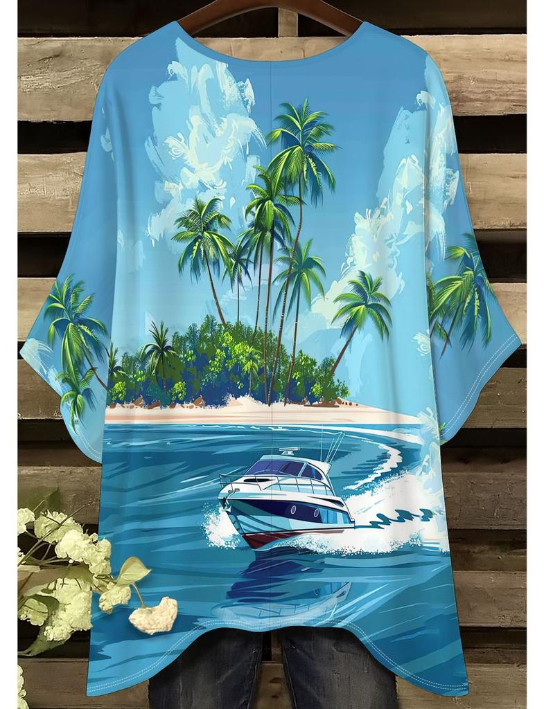 Women's large-size short-sleeved T-shirt, irregular hem design, digital printing four-season T-shirt