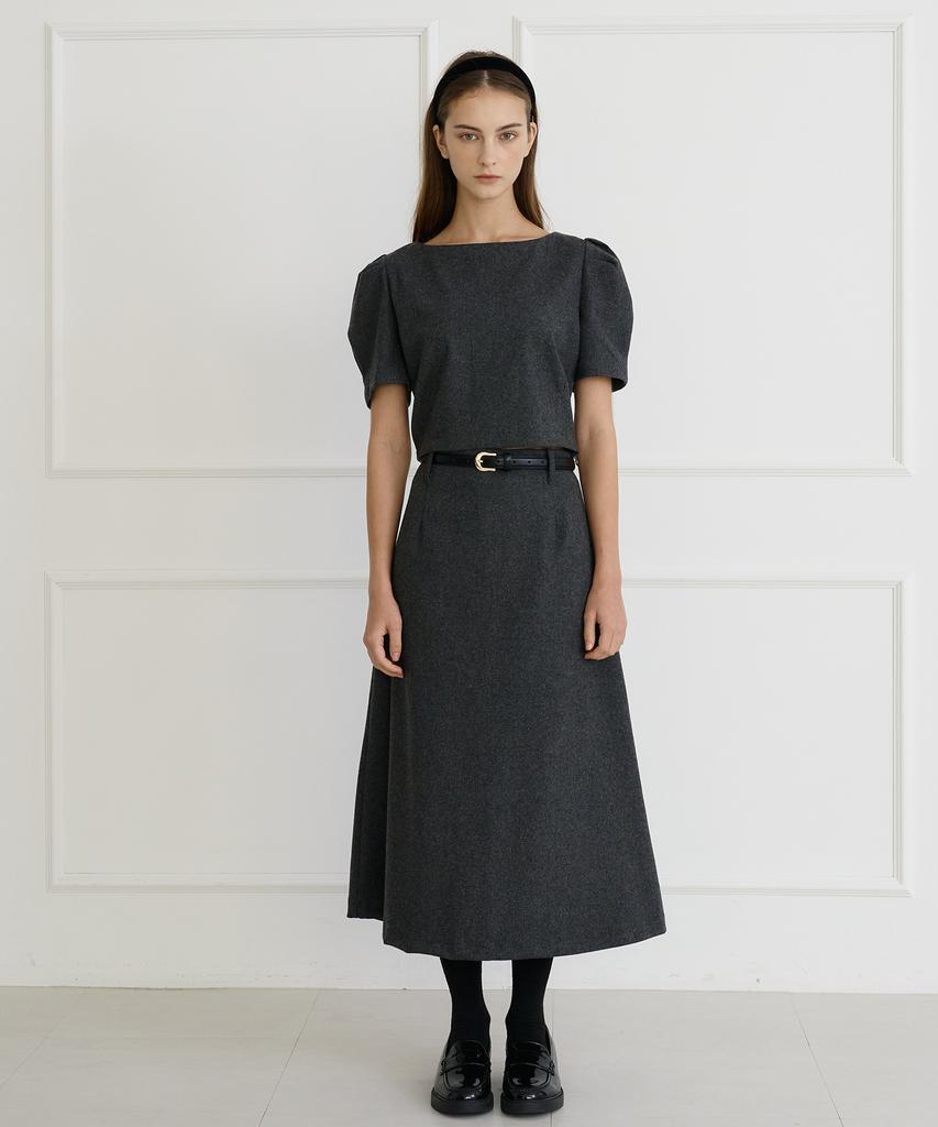 Bye Bye Seop [Set] Boatneck Wool Blouse + A-Line Long Skirt Charcoal