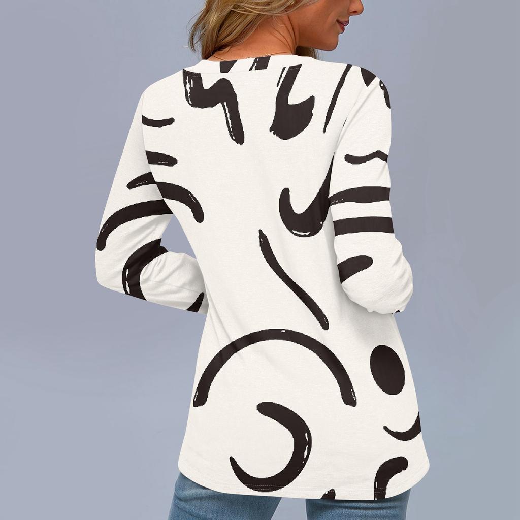 Women's Fashion Casual V Neck Long Sleeve Printed T-Shirt Ladies Top