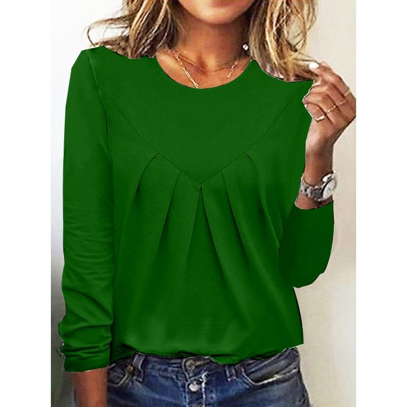 Daily Home Simple Elegant Women Pullover Top Wrinkled Base Shirt Long Sleeved T-shirt
