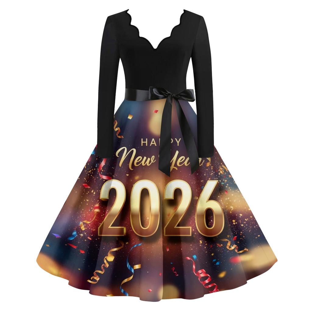 Женское повседневное модное платье винтажного стиля с V-образным вырезом и новогодним принтом