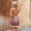 Women Mini Dress Spaghetti Strap Cami Bodycon Ethnic Print Side Drawstring Boho Summer Dress