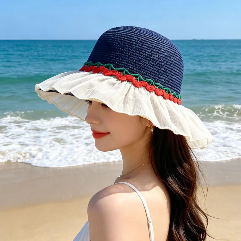 Summer lace edge straw hat, new fashionable large brim sun hat, travel sun protection beach hat, women's dome basin hat