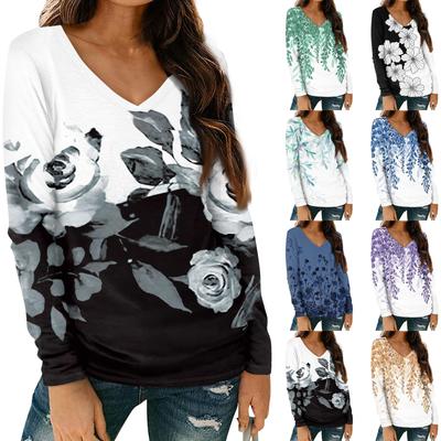 Женская мода повседневная блузка с длинным рукавом и цветочным принтом, V-образным вырезом и карманами