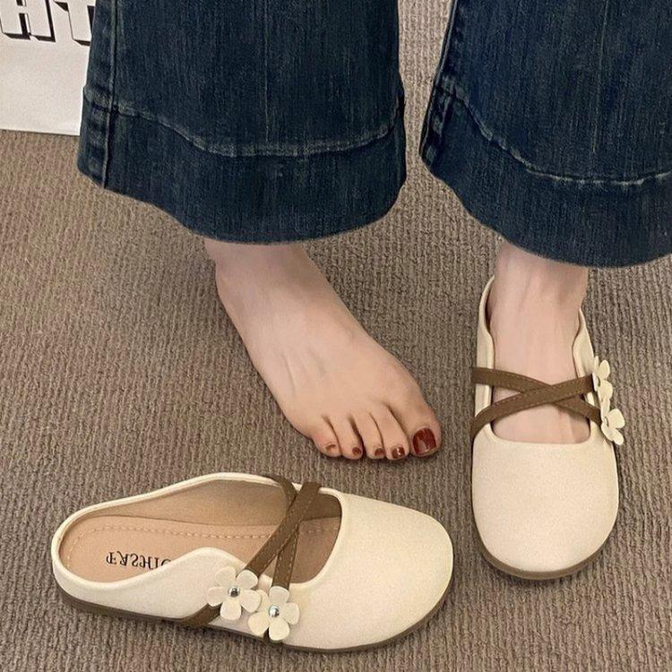 Baotou Half Slippers Women's Outer Wear Temperament Versatile 2025 Summer New Soft Leather Lazy One Pedal Fashion Single Shoes Women