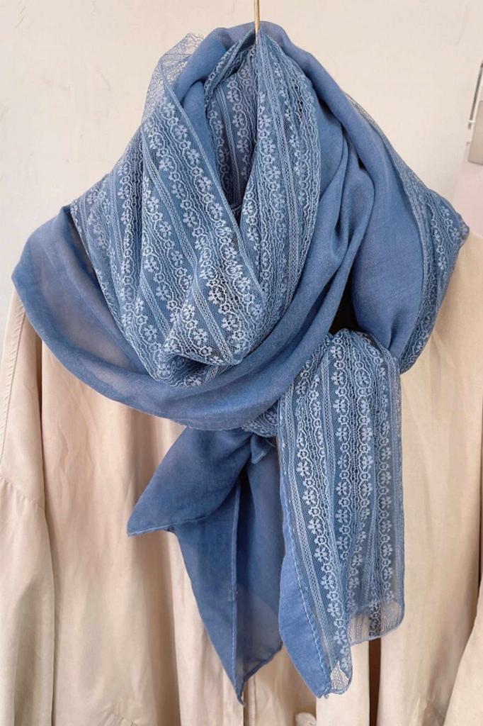 Blue Shawl With Lace 180X90 - Cotton and Polyester