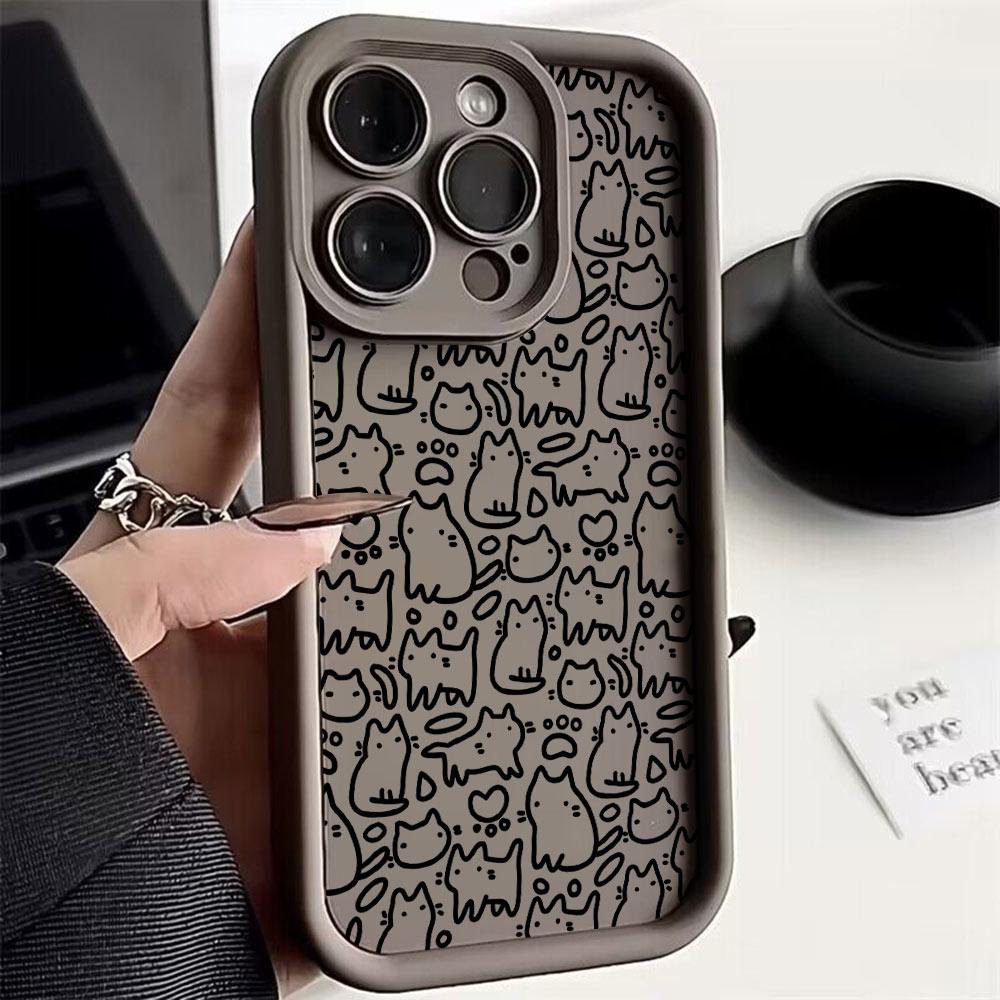 Милый Черный Котёнок Эскиз Кошка Чехол для Телефона Для iPhone 17 Air 16 e 15 14 13 12 11 Pro Max Plus Mini SE 2020 2022 Мягкий ТПУ Задняя Панель