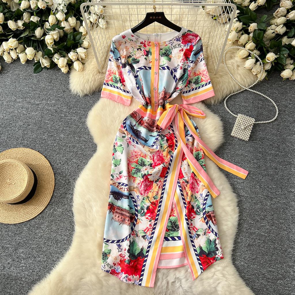 Летние женские дизайнерские винтажные принты на подиуме платья с коротким рукавом и шнуровкой, облегающие платья-карандаши для вечеринок