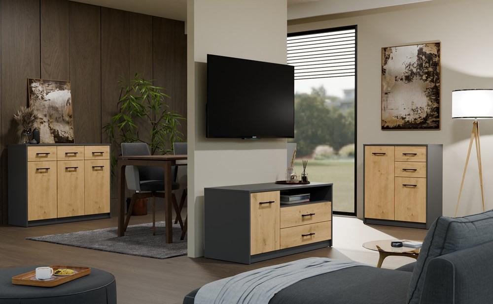 Komoda Simplo 3D3S Szafka 109 Cm 3 Drzwi 3 Szuflady Antracyt Dąb Artisan