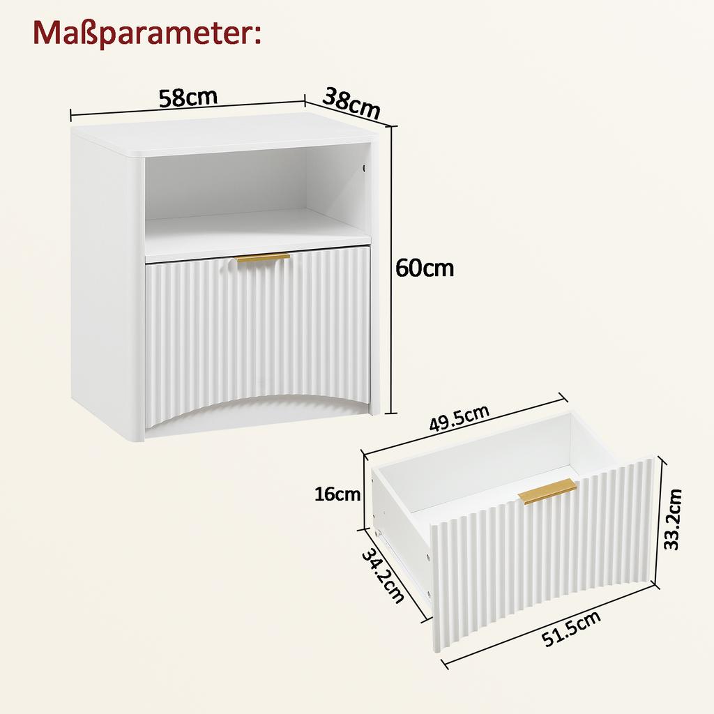 Grooved nightstand with open drawer and gold handles, space-saving, suitable for bedroom and living room, white