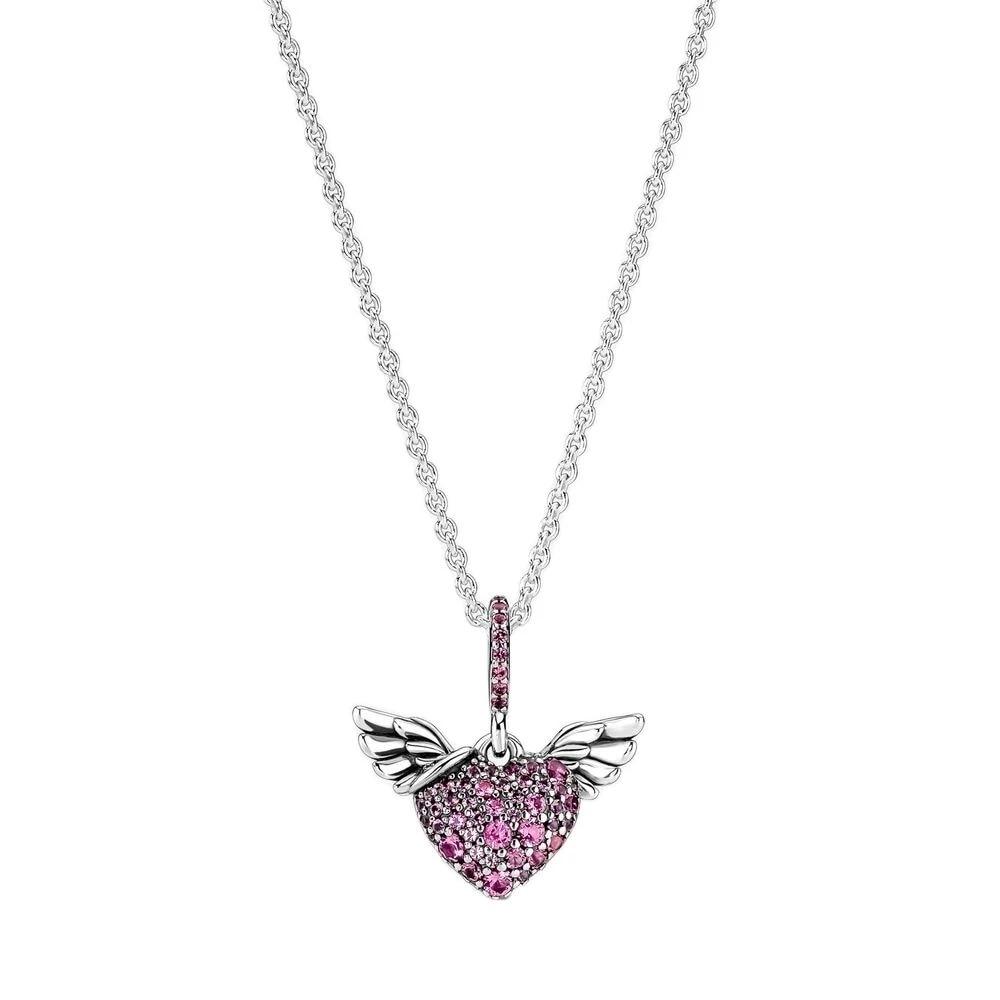 New 925 Sterling Silver Pave Heart And Angel Wings Necklace Women Fashion High End Jewelry Gifts ,China Factory Wholesale