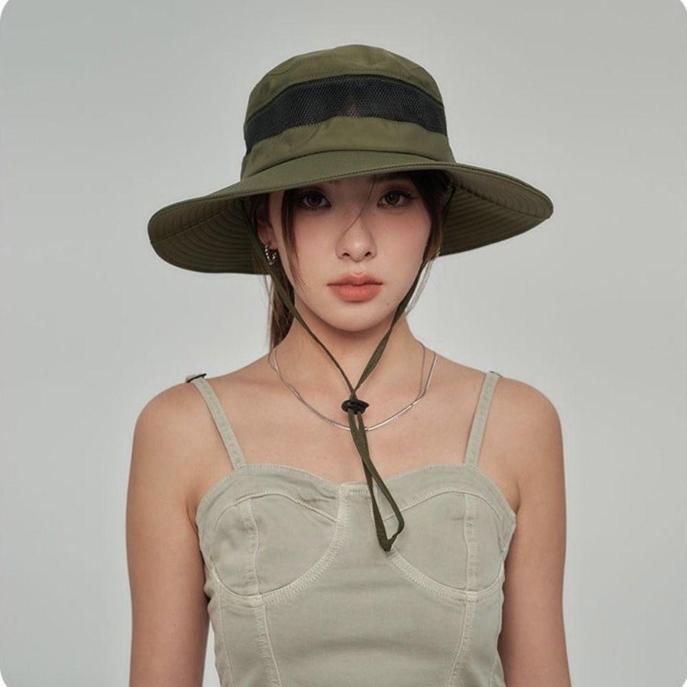 Drawstring Quick Drying Hiking Cap Wide-Brim Sunshade Sun Hat Breathable Men Fisherman Hat Travel