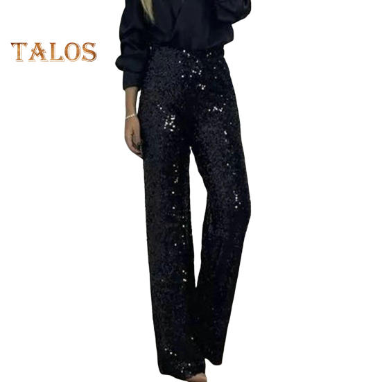 Women Sequins Long Pants High Waist Slim Fit Shining Trousers Solid Color Elastic Flared Pants Streetwear