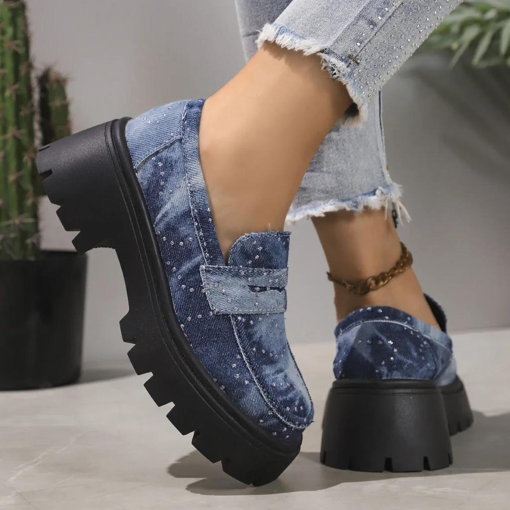 Модные Rimocy 2024 Новые женские лоферы на массивном каблуке, модные хрустальные слипоны на платформе, женские готические туфли-лодочки из денима на толстой подошве