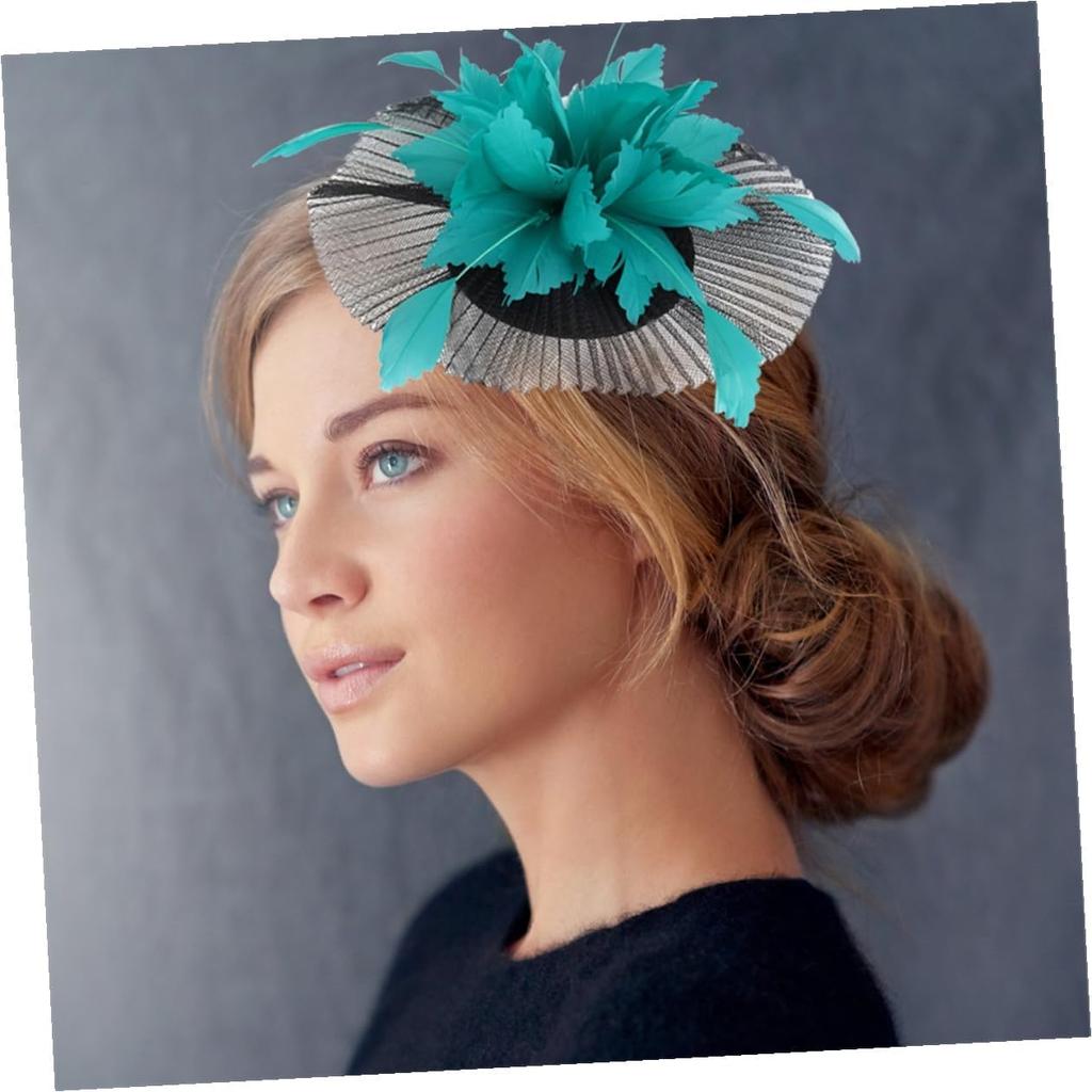 Baluue Decorative Hat for Women with Plume and Mesh Veil, Black and Lake Blue Wedding Tea Party Headpiece, Special Occasion Accessory