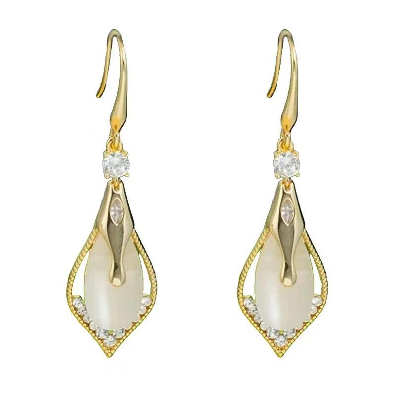 Элегантные длинные серьги с геометрическим узором «кошачий глаз», инкрустированные бриллиантами, для стройнящего, универсального образа