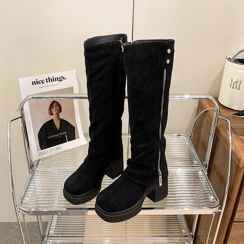 Женские высокие сапоги на платформе и каблуках, брендовые замшевые массивные элегантные туфли, женская зимняя тенденция 2025 года, готические туфли-лодочки до колена Botas Mujer