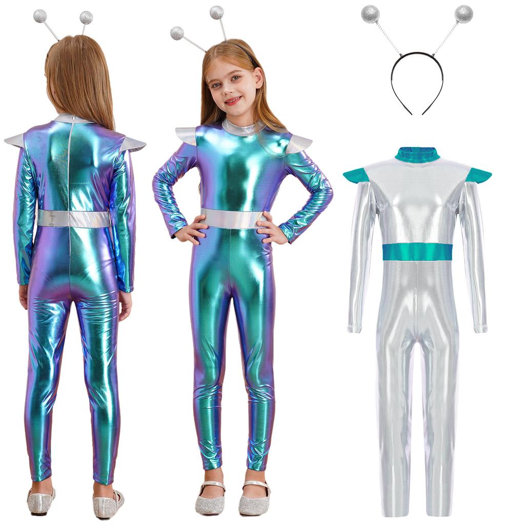 Kids Alien Cosplay Costume Long Sleeve Full Length Bodysuit Alien Hair Hoop Halloween Dress Up Party Costume Set