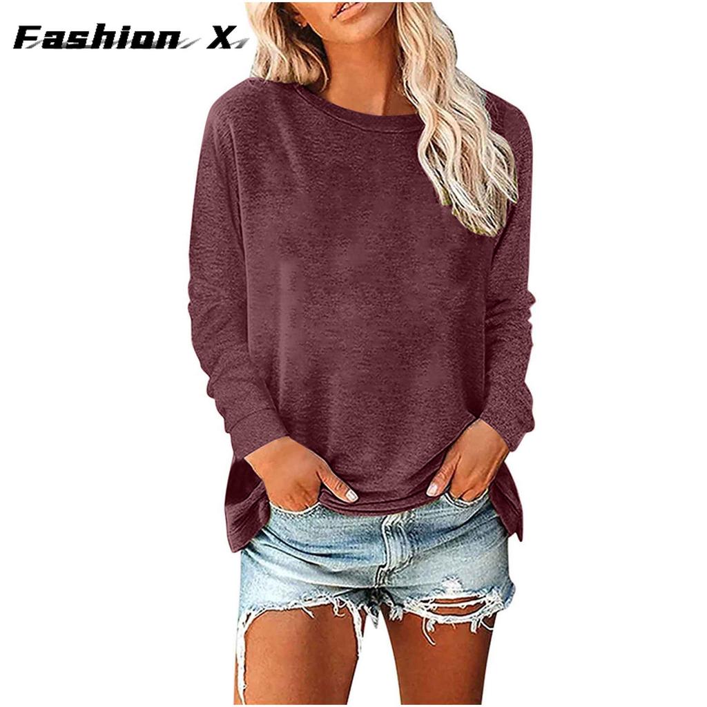 Женский свободный пуловер с круглым вырезом, однотонная женская футболка с длинными рукавами, топ