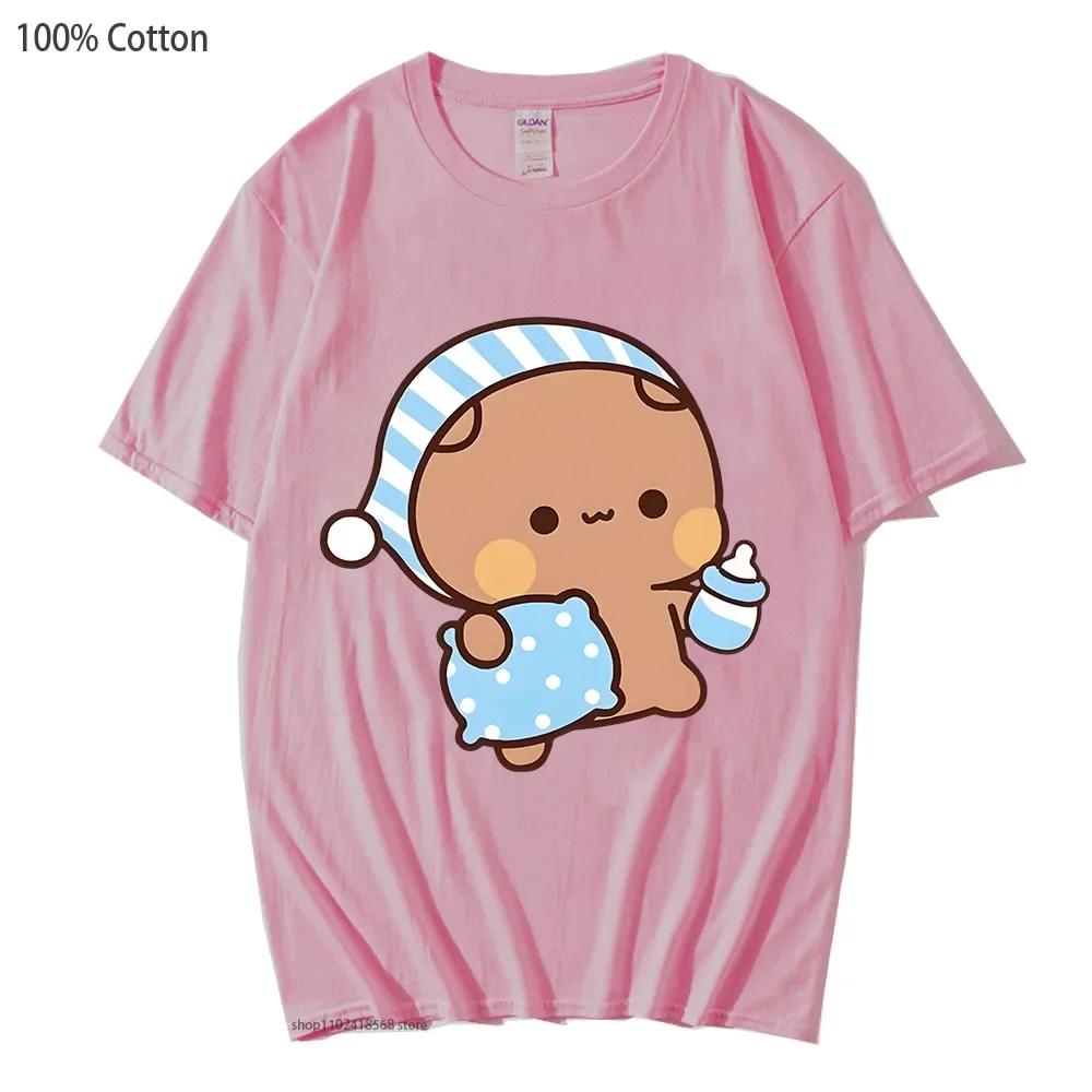 Couple Shirts Kawaii Cute BuBu Panda Going To Sleep with DuDu Bear Graphic Tshirt Cotton Men Women Clothes Long Sleeve Tees