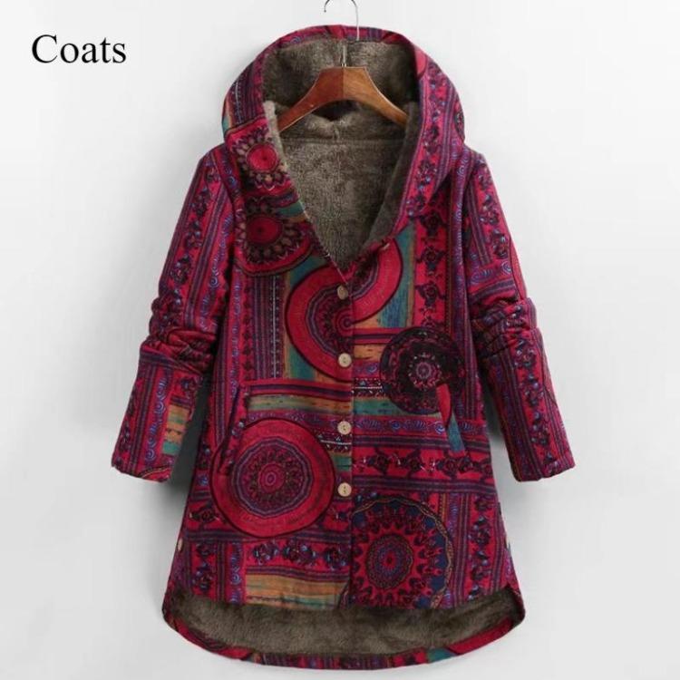 Зимнее теплое женское пальто 2025 Мода Ретро Длинное Худи с принтом Национальный стиль Большой размер Стройнящий Темпераментная Верхняя одежда