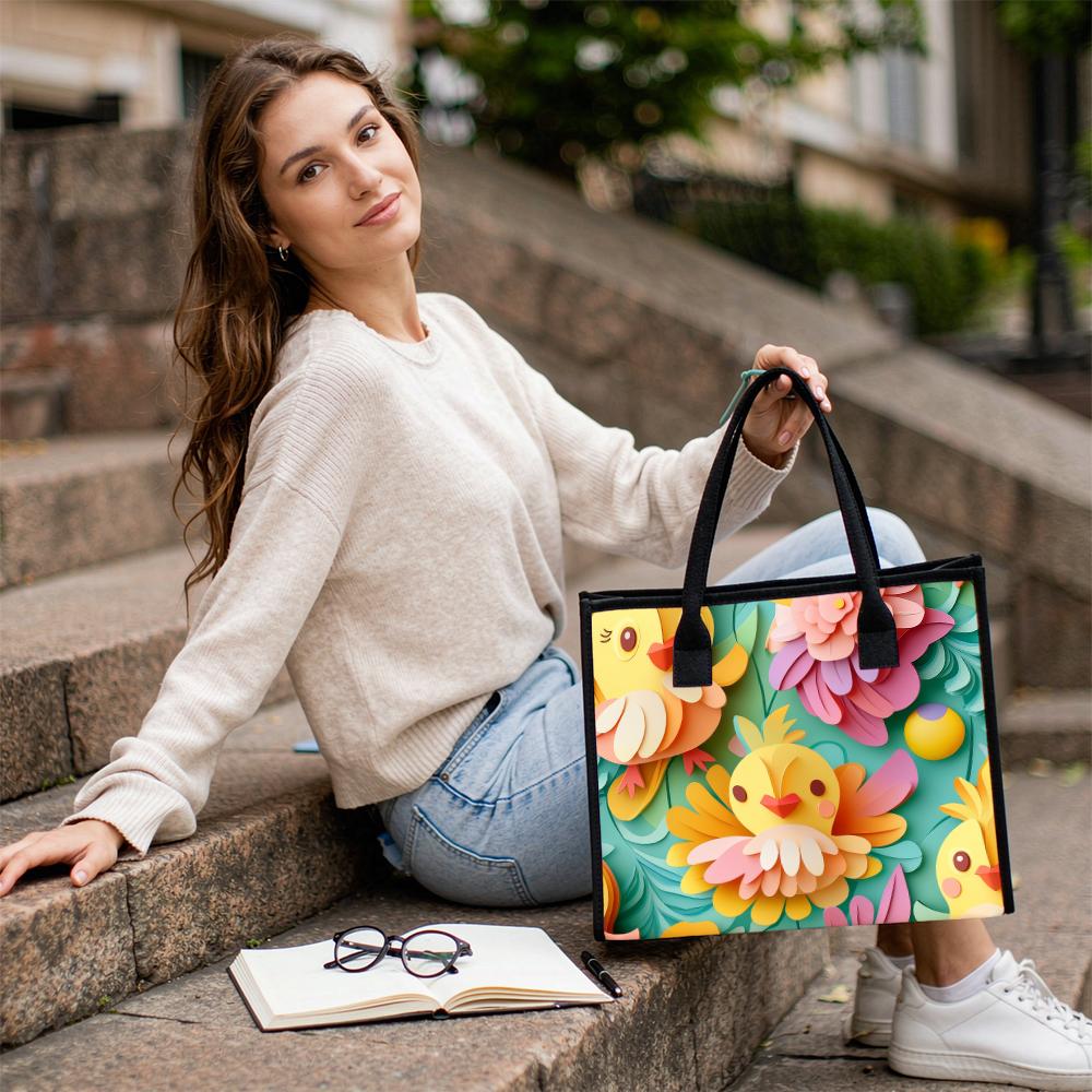 Cute Cartoon Chick Floral Printed Tote Bag Casual Portable Large Capacity Handbag for Women