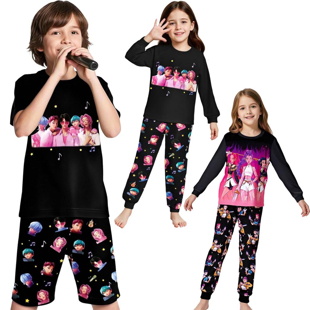 KPop Demon Hunters Autumn Winter Cute Cartoon Children's Long Sleeved Home Clothes Soft Comfortable Pajama Set